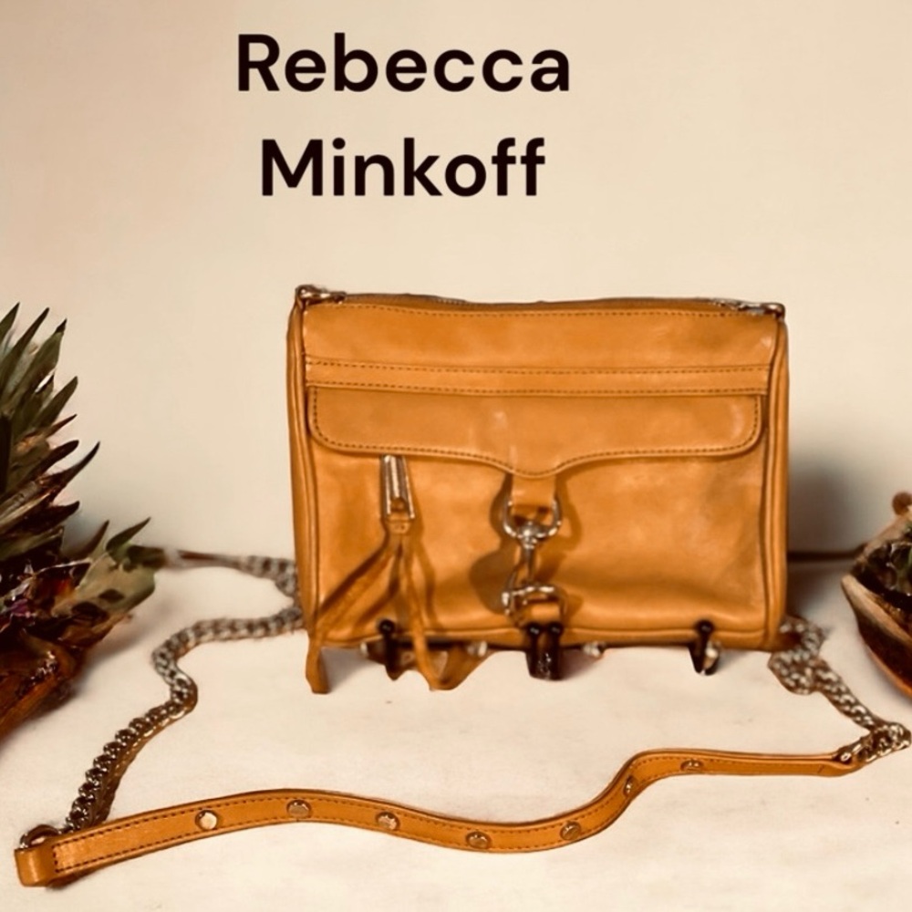 Rebecca Minkoff tan/brown crossbody metal chain strap 4 metal studs on bottom